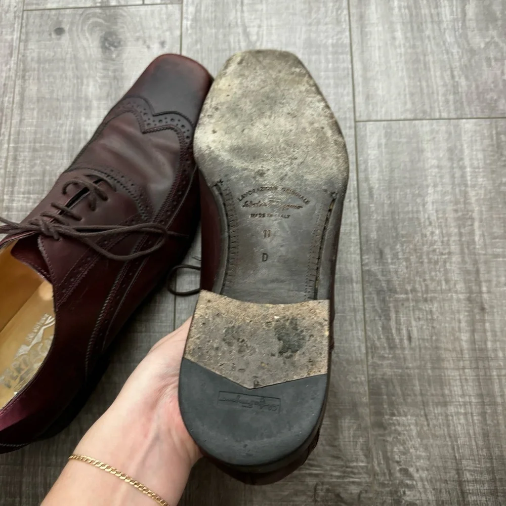 Salvatore Ferragamo Brown Wing Tip Square Toe Lace Up Dress Shoes Size 11 - Picture 6 of 7